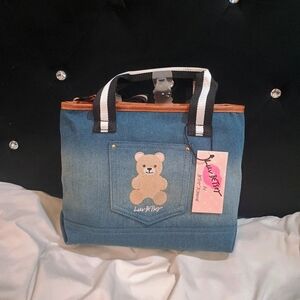 New Super Viral Betsey Johnson Dark To Light Wash Bear Purse With Pocket
